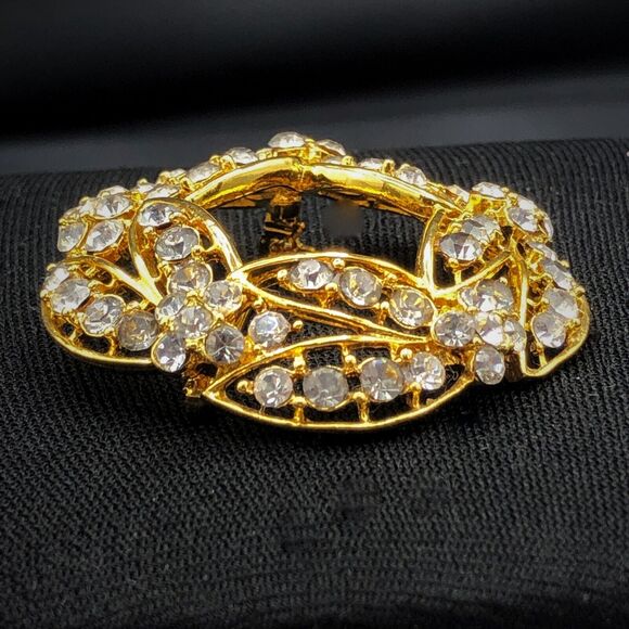 Vintage Signed Eisenberg Ice Rhinestone Golden Leaves Wreath Brooch Earrings Set - Picture 4 of 6